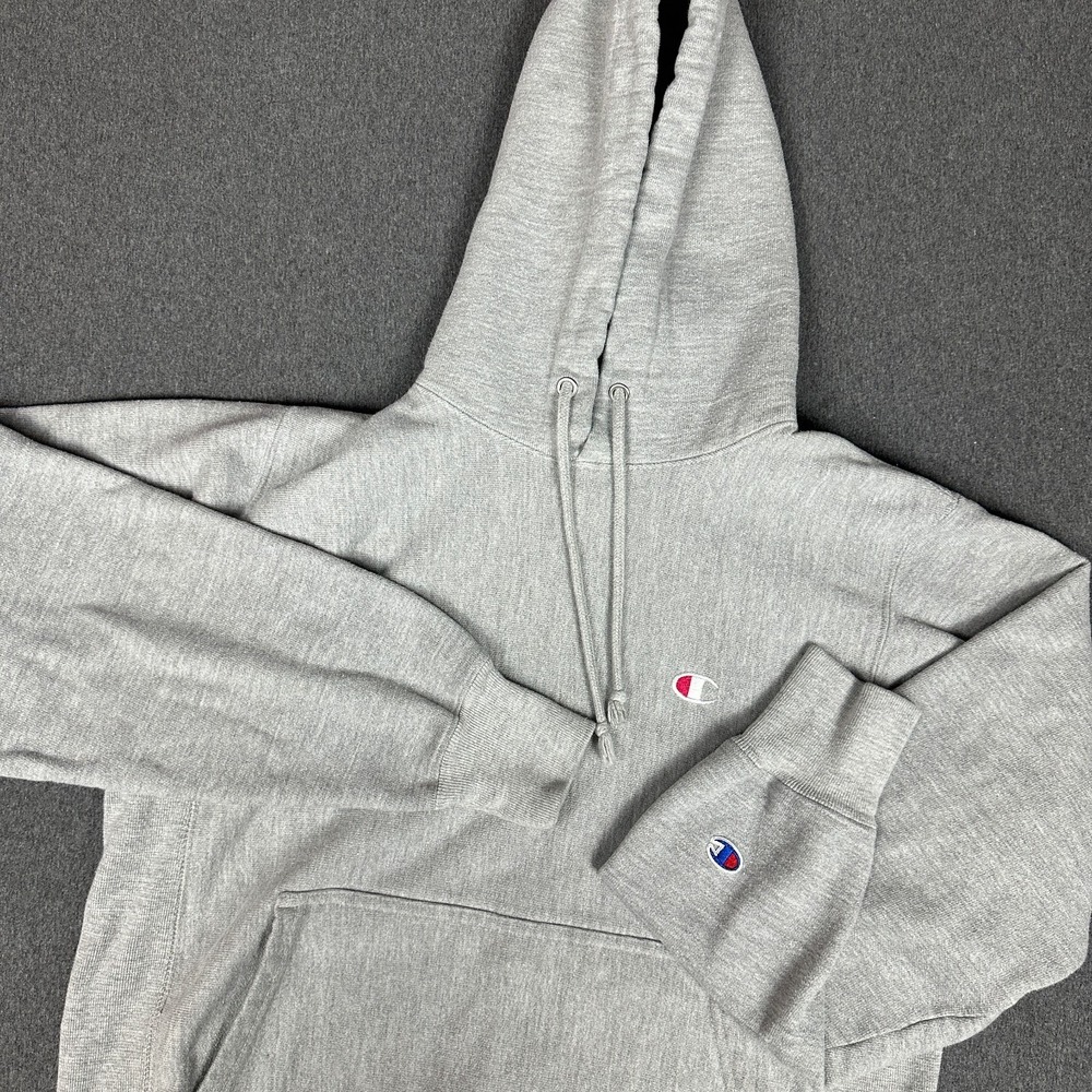 Champion Reverse Weave Hoodie Mens Small Gray Pullover Sweatshirt Script Logo